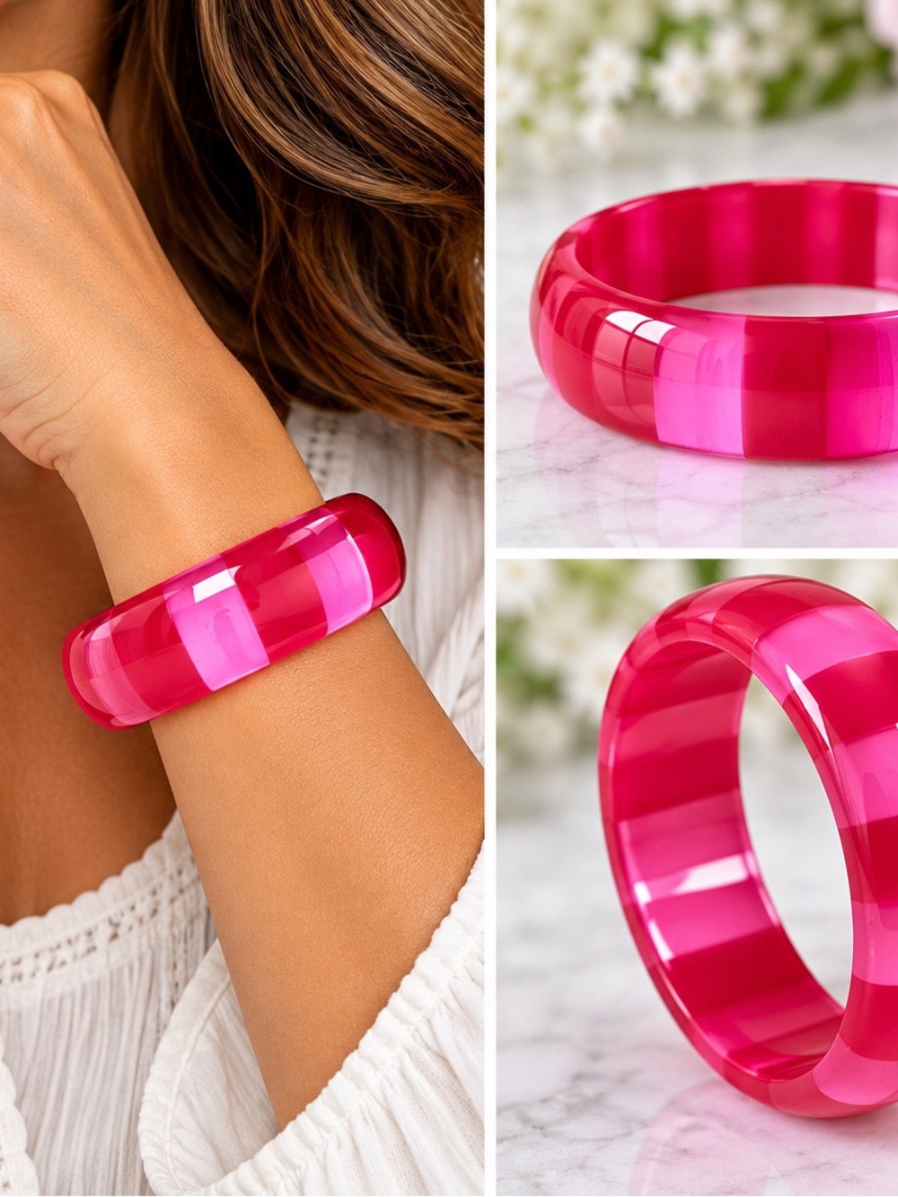 Bright Pink Lucite Bangle Bracelet — Women’s Statement Jewelry